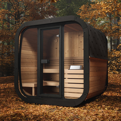 SaunaLife CL5G Cube Luxury sauna, natural wood exterior in a woodland setting