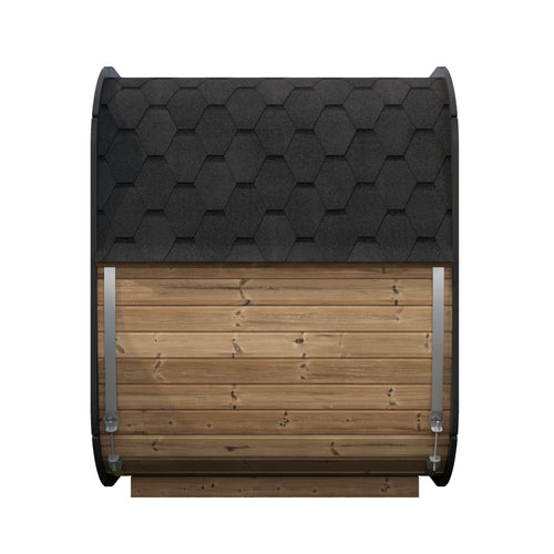 SaunaLife CL5G Cube Luxury sauna side exterior with natural wood cladding and shingle roof