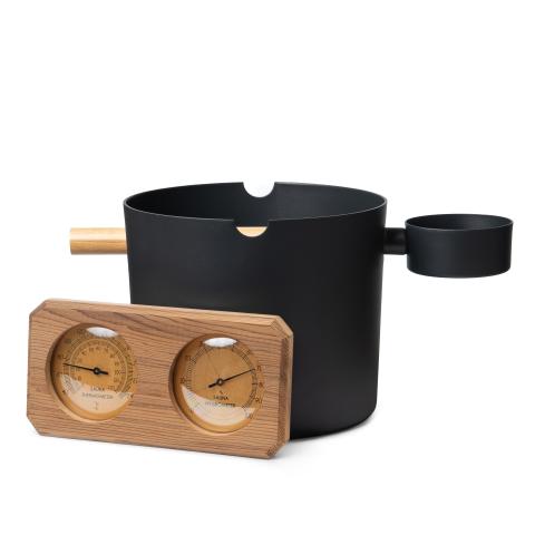 SaunaLife Essentials Set 7 in black - aluminum bucket and bamboo-handled ladle with wood thermometer and hygrometer