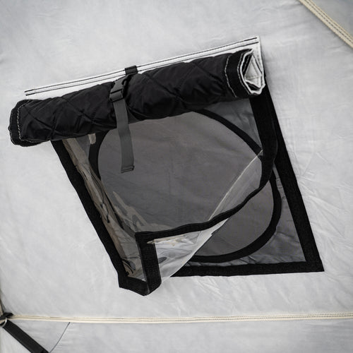 SaunaLife SaunaTrekker XL interior mesh ventilation window with its cover rolled up.
