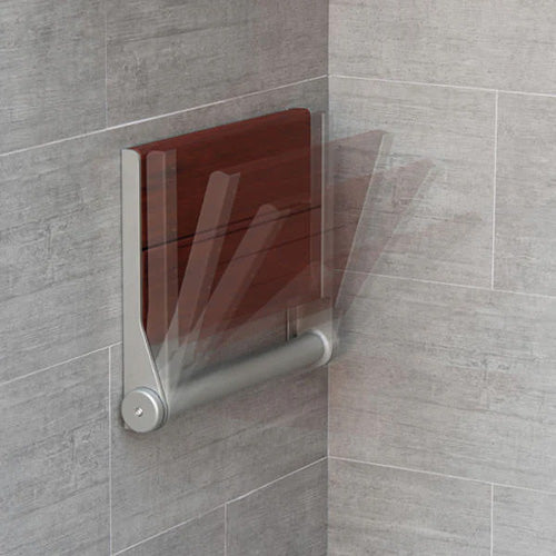 ThermaSol SEAT-S-GR wall-mounted bamboo shower seat showing its folding motion