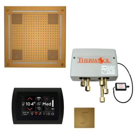 ThermaSol TWPHSS-AB complete package in Antique Brass: Total Wellness Package - HydroVive 18 Rainhead + SignaTouch Control (Recessed, Black Trim) + Digital Shower Valve + Steam Head Kit (Square)