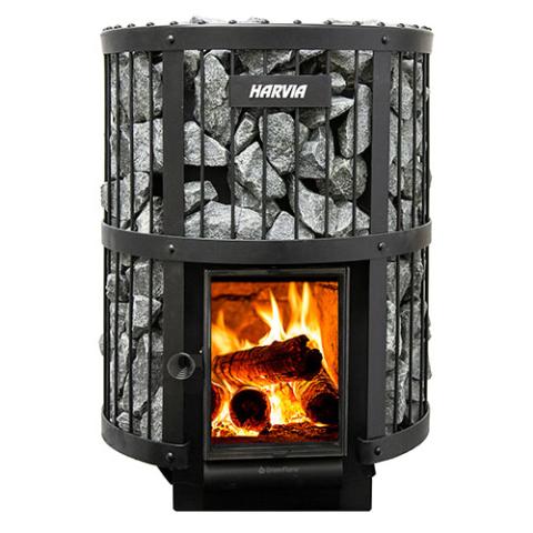 Front view of a Harvia Legend GreenFlame stone-basket stove with a glowing firebox.