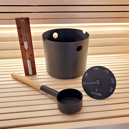 SaunaLife Essentials Set 2 Aluminum Sauna Bucket and Ladle Set w/ Sand Timer and Thermometer