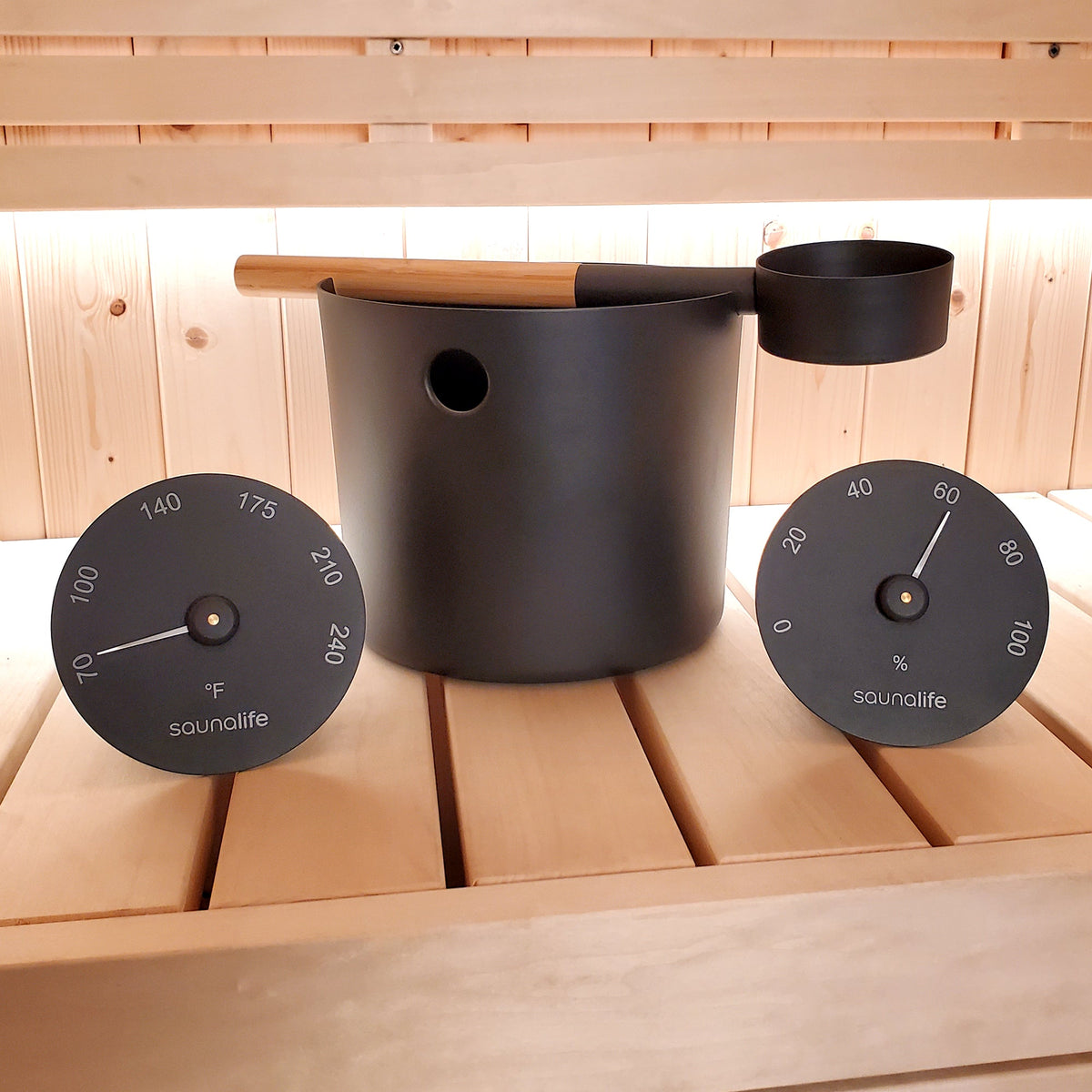 SaunaLife Essentials Set 5 Aluminum Sauna Bucket and Ladle Set w/ Black Thermometer and Hygrometer